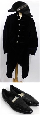 Lot 2106 - 19th Century Dark Blue Velvet Suit comprising tail coat, waist coat and breeches with cut steel...