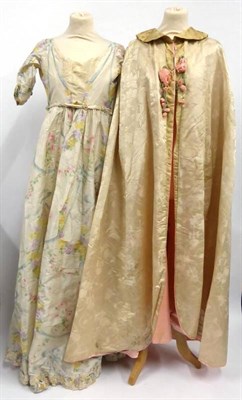 Lot 2112 - 19th Century Floral Printed Silk Taffeta Evening Dress with short sleeves, round neck, fabric waist