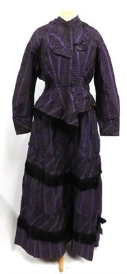 Lot 2116 - Victorian Purple and Black Silk Patterned Two Piece comprising a fitted bodice with long...