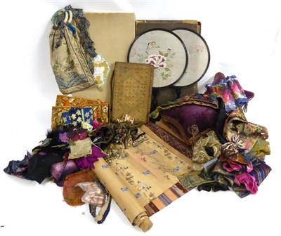 Lot 2129 - Assorted Late 19th/Early 20th Century Ribbons, Appliques, two plum velvet cushions with gold...