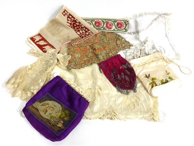 Lot 2136 - Assorted Costume Accessories including a purple silk bag with carved bone mounts, appliqued...