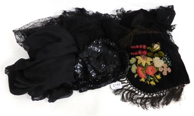 Lot 2146 - Assorted Costume Accessories including 1920s Black Sequin Cloche Evening Hat; black silk shawl,...