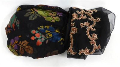 Lot 2149 - Black Chiffon and Coloured Cut Velvet Shawl of floral decoration with tassel trim, 130cm by...