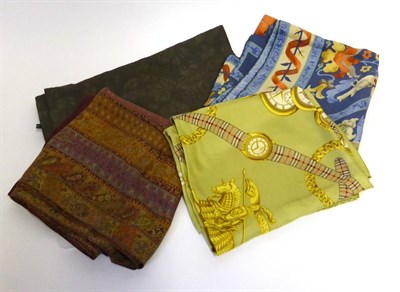 Lot 2156 - Burberrys Silk Scarf decorated with pocket watches and chain on a gold back ground, 88cm...