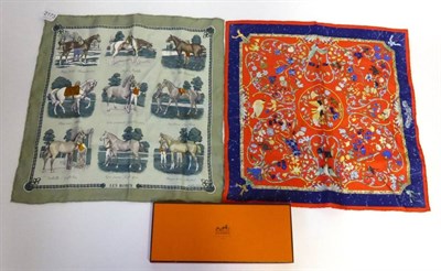 Lot 2173 - Hermes Silk Pocket Scarf 'Pierres D'Orient et de D'Occident'  on a red ground with blue marbled...