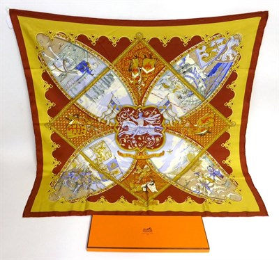 Lot 2175 - Hermes Silk Scarf 'La Vie A Cheval' designed by L Toutsy with a rust red border, 90cm square,...