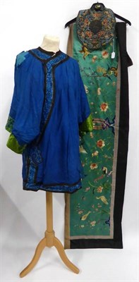 Lot 2183 - Chinese Royal Blue Silk Robe with lime green silk embroidered cuffs (af); Chinese Green Silk...