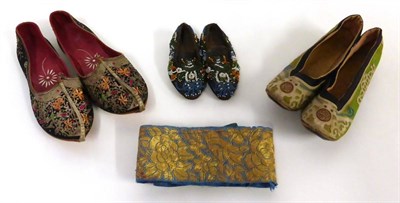 Lot 2191 - Pair of Chinese Manchu Shoes with green silk, appliqued trims and wooden soles; Pair of 19th...