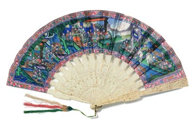 Lot 2194 - A Late 18th Century Chinese Carved Ivory Fan with painted mount depicting figures amongst buildings