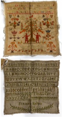 Lot 2199 - 19th Century Unframed Adam and Eve Sampler Worked by Isabella Metcalfe, with alphabet to the...