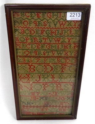 Lot 2213 - Band Alphabet Sampler Worked by Agnes McNarin aged 12 1827, in green and red cross stitch,...