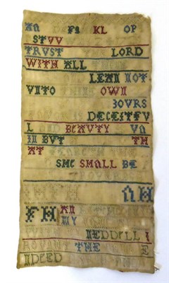 Lot 2215 - 18th Century Band Sampler Dated 1725 worked in coloured silks in green, red, blue and cream...