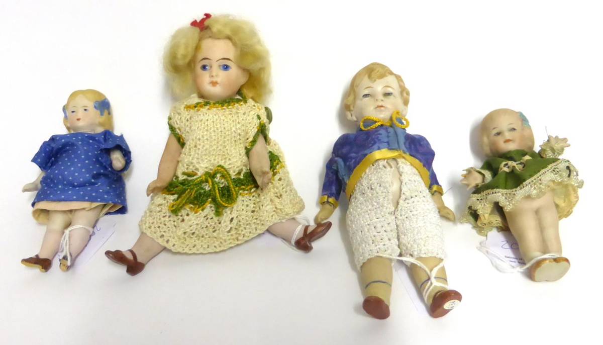 Lot 2004 - Small Bisque Jointed Doll with fixed blue eyes, blonde wig, painted shoes and socks, knitted...