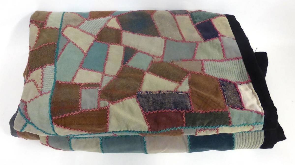 Lot 2013 - Early 20th Century Wool Crazy Patchwork Cover, with pink and blue embroidered edging, black...