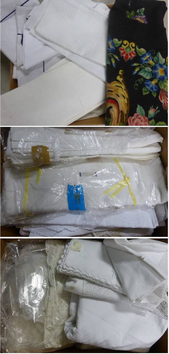 Lot 2017 - Assorted White Linen, Table Linen, embroidered cloths, wool work panel etc (three boxes)