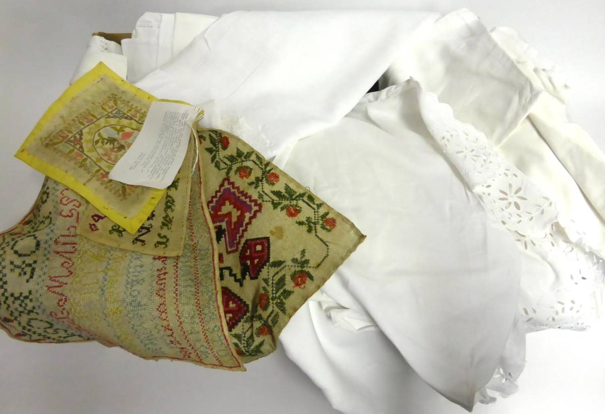 Lot 2018 - Assorted White Table and Bed Linen, some embroidered and crochet edged etc; four 19th Century...