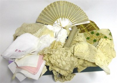 Lot 2019 - Assorted White Linen, lace flounce and lace edging's, mother of pearl fan with gold sequin...