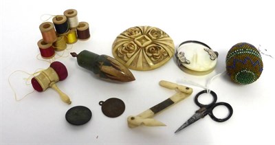 Lot 2032 - Assorted Sewing and other Accessories including a mother of pearl hinged lorgnette; small...