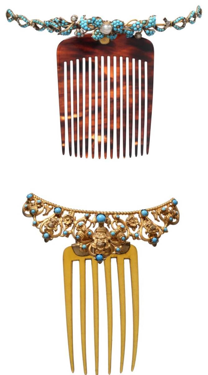 Lot 2039 - 19th Century Hair Comb, with gilt metal shaped mount of floral design, decorated with turquoise...