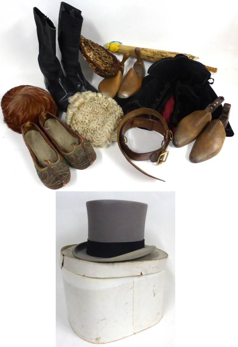 Lot 2056 - * Assorted Costume Accessories, including a pair of black leather riding boots and spurs; pair...