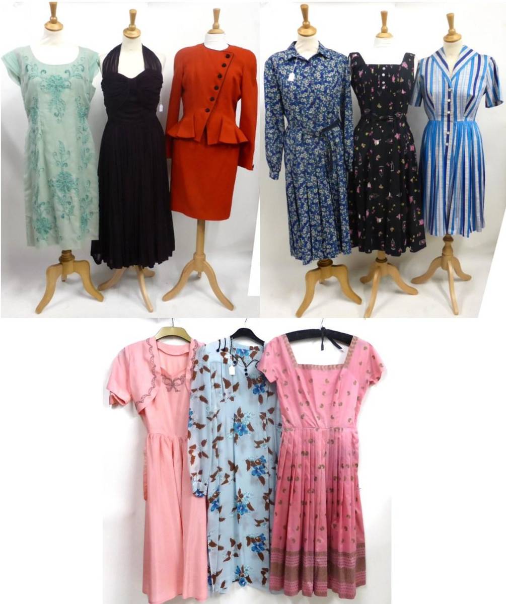 Lot 2103 - Circa 1950s and Later Dresses, including a pale blue floral day dress, with long sleeves and...