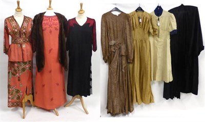Lot 2121 - Circa 1930s and Later Day and Evening Wear, including a cream silk dress with blue and white spotty