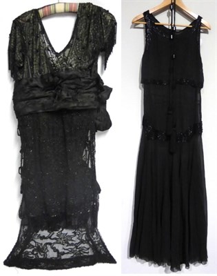 Lot 2137 - Edwardian Black Chiffon Evening Dress with black bead trims to the bodice and hips, with fabric...