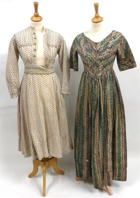 Lot 2138 - 19th Century Cotton Printed Dress, with striped floral design in green and browns, fitted bodice, v