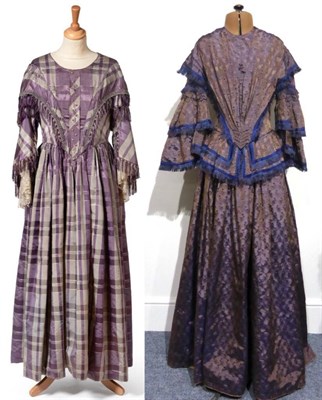 Lot 2140 - 19th Century Blue and Grey Shot Silk Dress, with floral sprigs, deep v pleated bodice...