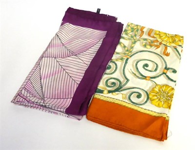 Lot 2149 - Hermes Silk Scarf Jouvence Pattern with orange border; another Hermes Silk Scarf with plum coloured