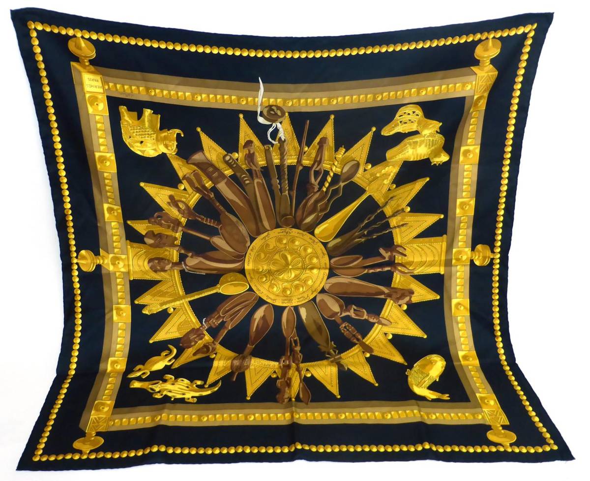 Lot 2161 - Hermes Silk Scarf Cuillers D'Afrique, designed by Cathy Latham within a black border, 90cm square