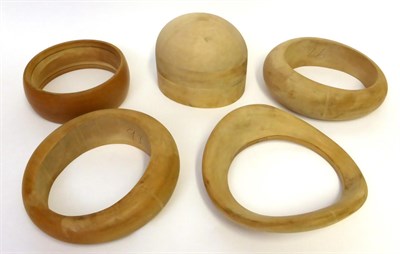 Lot 2167 - Mid 20th Century Millinery Hat Stand and four wooden millinery brim moulds (5)