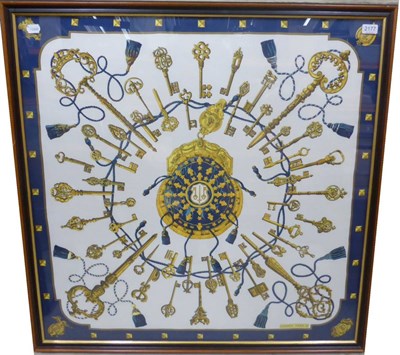 Lot 2177 - Hermes Silk Scarf, Clefs by Cathy Latham, within an orange border, 90cm square in a modern frame