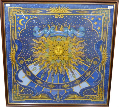 Lot 2179 - Hermes Silk Scarf, Carpe Diem by Joachim Metz, within a blue border, 90cm square in a modern frame