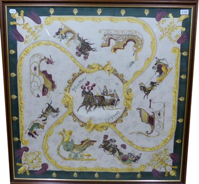Lot 2182 - Hermes Silk Scarf, Plumes et Grelots  by Julia Abadie, within cream ground and green border,...