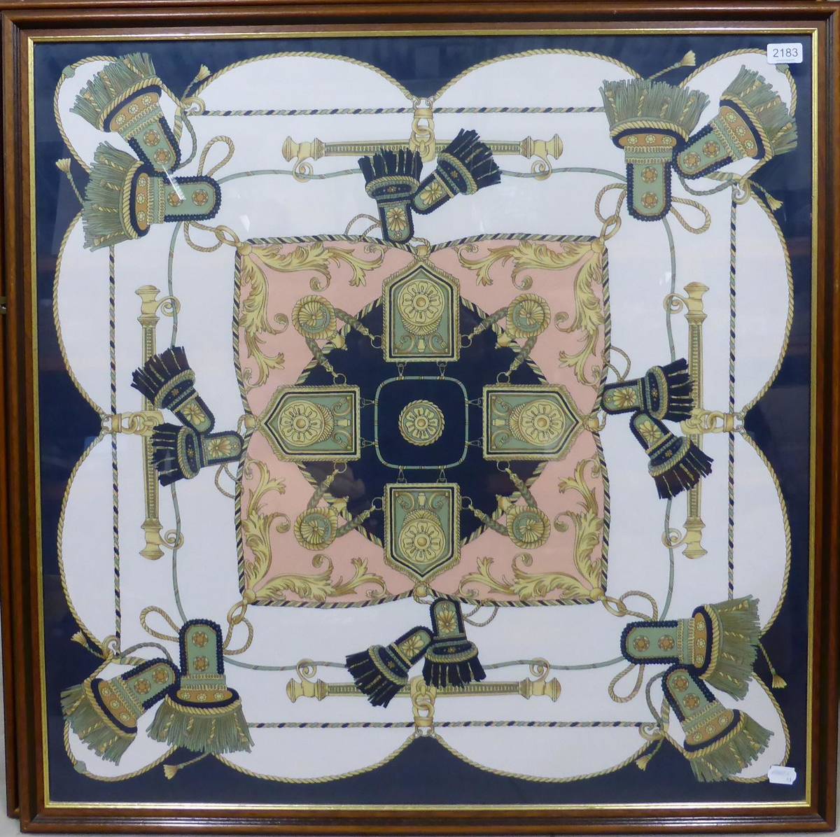 Lot 2183 - Hermes Silk Scarf, Epaulettes by Cathy Latham, within cream ground and green border, 90cm square in