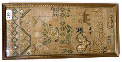 Lot 2204 - Framed Band Sampler Initialled and Dated 1792, worked in cross stitch in green, cream, black, brown