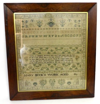 Lot 2206 - Alphabet and Band Sampler By Mary Buck Dated 1819, worked primarily in green and cream threads,...