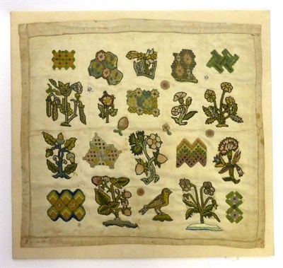 Lot 2207 - 17th Century Embroidered Applique Samples, on a later cream silk panel, displayed in the style of a