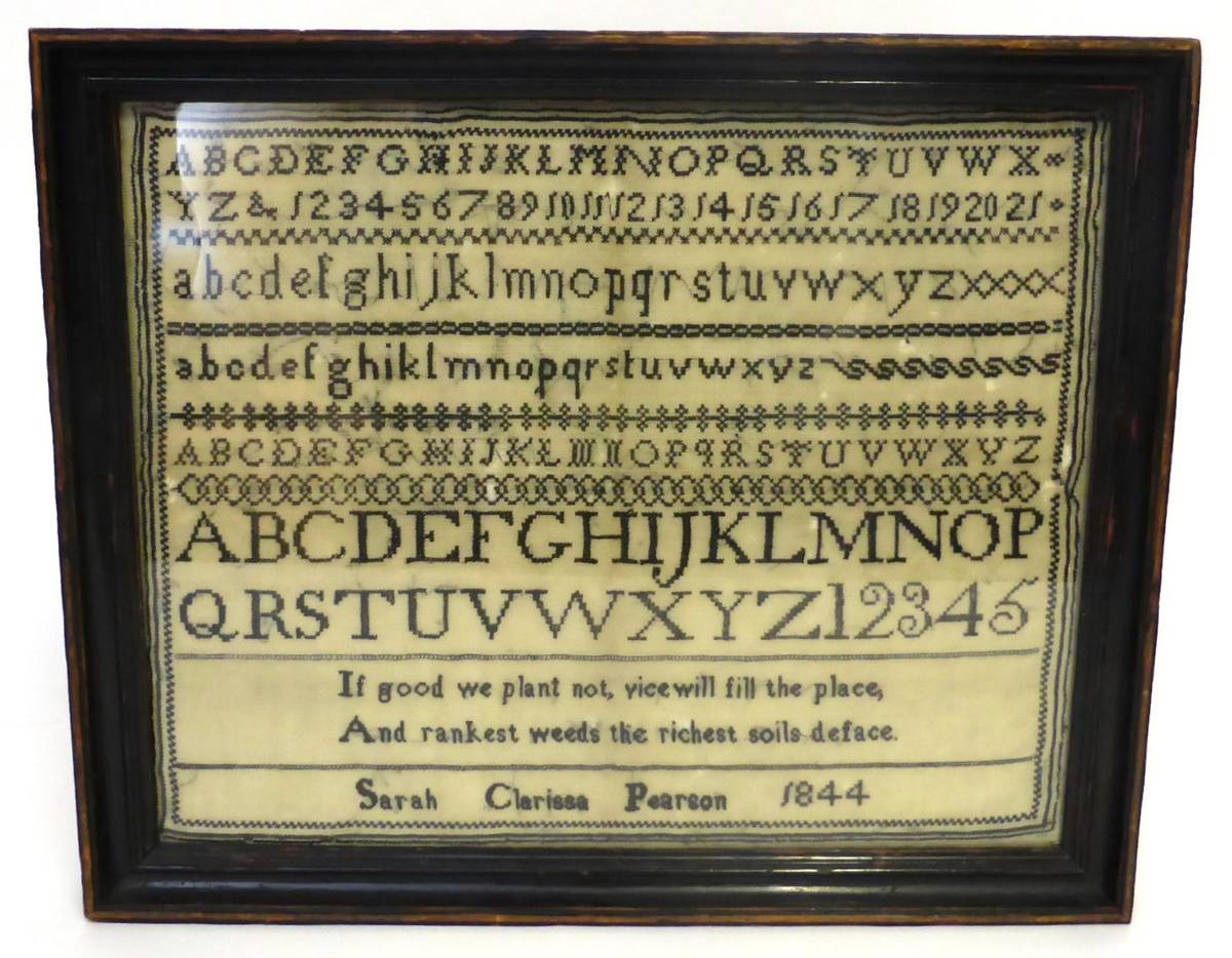 Lot 2208 - Quaker Alphabet Sampler Worked by Sarah Clarissa Pearson, 1844, worked in a black silk cross...