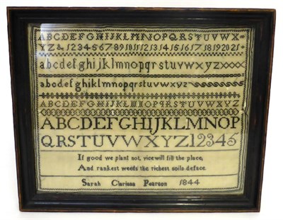 Lot 2208 - Quaker Alphabet Sampler Worked by Sarah Clarissa Pearson, 1844, worked in a black silk cross...