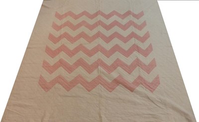 Lot 2022 - White Quilt, with six rows of pink patchwork zig zag stripes, signed 'S J Watson 1924', 220cm...