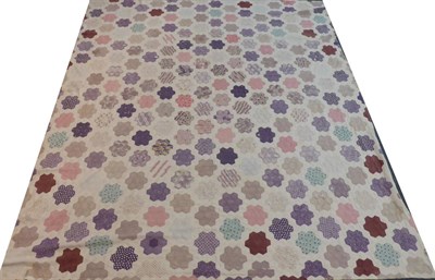 Lot 2028 - Large Victorian Patchwork Cover, comprising mainly pink and purple printed cotton hexagonal...