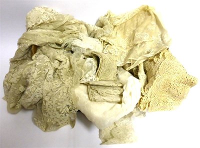 Lot 2037 - Assorted 19th Century and Later Cream Lace, including lappets, flounces, cuffs, trims, trims...