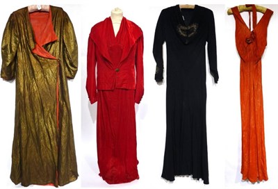 Lot 2079 - Circa 1930s Evening Wear including a black crepe bias cut full length dress with sleeves, cut steel