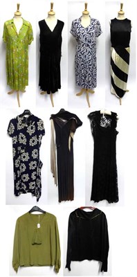 Lot 2083 - Assorted Circa 1920s and Later Costume, including a black velvet sleeveless faux wrap dress,...