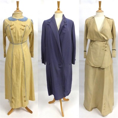 Lot 2085 - Edwardian Cream Cotton Dress, with blue and white silk printed inserts to the sleeves, collar...