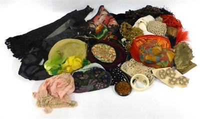 Lot 2086 - Assorted Costume Accessories, including beaded evening bags; lame cloche evening hat, velvet...