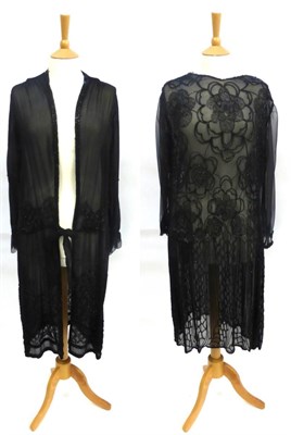 Lot 2107 - 1920's Style Black Chiffon Drop Waist Evening Dress, with long sleeves and beaded decoration;...