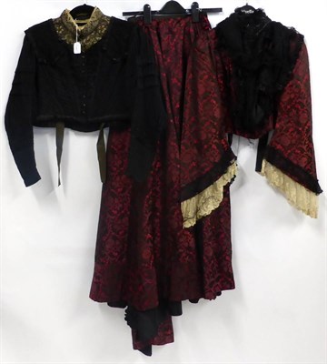 Lot 2120 - Victorian Red Silk Two Piece Costume, of trellis design comprising a fitted bodice with cream...